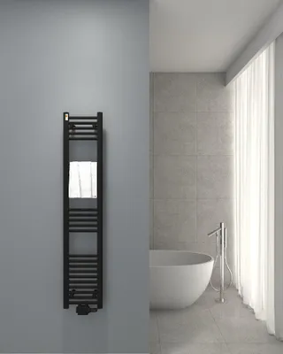 Produktbild von Badheizkörper Schwarz matt 300 x 1500 mm – Handtuchheizkörper mit Mittelanschluss, 407 Watt, ohne Heizstab