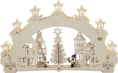 Productafbeelding van 3D-lichtboog "Op de kerstmarkt", 7-licht LED-verlichting en timerfunctie. Afmetingen: 52x32x4,5 cm. Nieuw