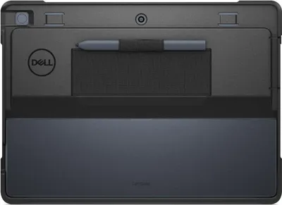 The back of a black Dell tablet case with a stylus holder and a Dell logo.