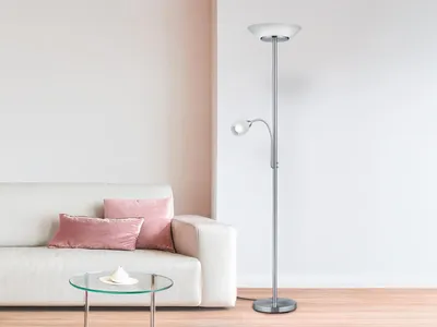Produktbild von Deckenfluter Silber mit Leselampe, Stehlampe mit Glasschirm für Wohnzimmer Ecke