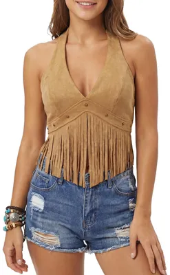 Immagine prodotto di Top in ecopelle da donna, con spalline che si incrociano sulla schiena, frange e scollo a V
