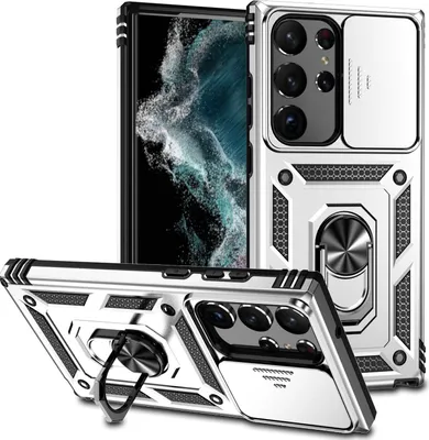 Produktbild von Galaxy S23 Ultra Hülle mit Schiebe Kamera Schutz und Ringhalter Ständer Robust Rüstung Schutzhülle für Samsung Galaxy S23 Ultra Silber