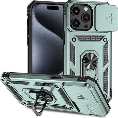 A protective phone case with a camera cover and ring stand is displayed.