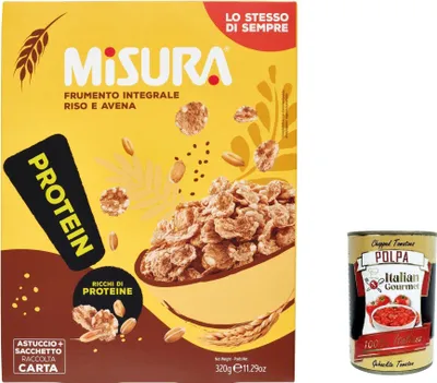 Produktbild von 12x Misura Cereal Multigrain Protein Vollkornflocken, Reis und Hafer – reich an Proteinen und Ballaststoffen, 320 g + italian Gourmet polpa 400g