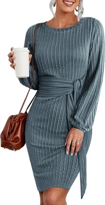 Produktbild von Gestrickter Herbstkleid für Damen mit langen Ärmeln, eng anliegendem Schnitt und Knie-Länge