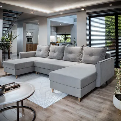 Produktbild von Masseno Ecksofa VERNI mit Schlaffunktion U-Form, Sofa mit Bettkasten, Wohnzimmersofa, Couch, Soffa, Bettsofa, Couchgarnitur- Hellgrau, PAROS 05