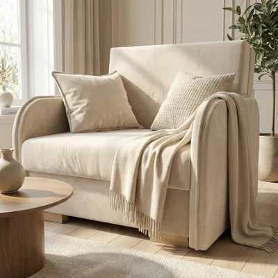 Produktbild von Wohnero 24 Goldi 1 Premium Schlafsessel 90x100 cm mit Schlaffunktion & Bettkasten – Hochwertiger Klappsessel 80x195 cm, Design Sofa Creme