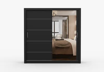 Produktbild von Kleiderschrank OLYO 203 cm Schwarz mit Spiegel, Schwebetürenschrank, Schlafzimmerschrank mit Regalböden und Kleiderstangen