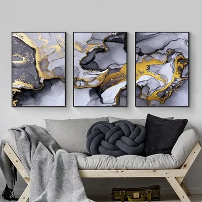 Productafbeelding van Abstracte wandkunst, canvas schilderijen, grijze en gouden marmertextuur, set van 3, 60x90 cm