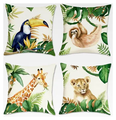 Produktbild von 4er Set Kissenbezüge Dschungeltiere 45 x 45 cm Löwe Giraffe Tukan Faultier Tropisch Outdoor Polyester Leinen Dekorative Kissenhüllen für Kinderzimmer