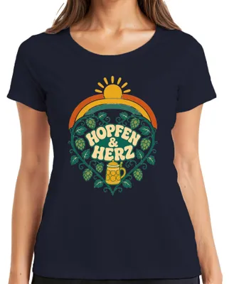 Immagine prodotto di Hopfen & Herz: Maglietta da donna, blu navy, taglia XXL, con motivi a tema birra, tradizionale bavarese (lederhose, dirndl, Maßkrug, Volksfest)