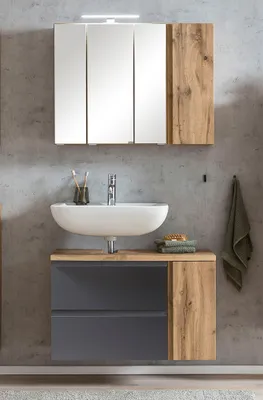 Produktbild von Waschbeckenunterschrank, links, mit Spiegelschrank, 85cm, LED Beleuchtung, VASTO-03-GREY, Wotan Eiche Nb. mit grau matt, B/H/T ca. 85/200/35 cm