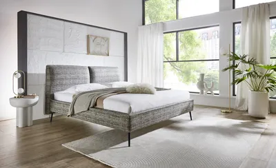 Produktbild von Meise Möbel Polsterbett Infinity 160x200 cm | Doppelbett | Bettgestell | Kopfteil in Kissenoptik | Webstoff Waldgrün | Metallfuß schwarz