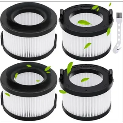 Four vacuum cleaner filters are arranged in a 2x2 grid on a white background. There are also a few green leaves scattered around the filters, suggesting a focus on air quality or cleanliness. A small white brush is visible in the top right corner.