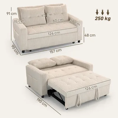 Obrázek produktu pro Rozkládací pohovka HOMCOM, dvoumístná pohovka 157 x 190 cm s nastavitelným opěradlem, krémová