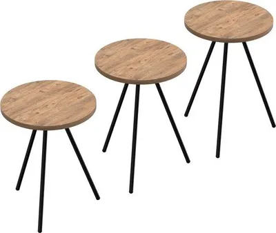Immagine prodotto di Set di tavolini - Rotondi - Colori del legno e nero - Legno e metallo - Design elegante