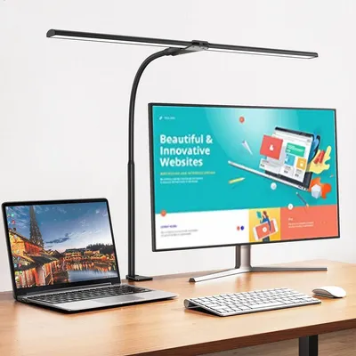Produktbild von LED Schreibtischlampe,80cm Doppelkopf klemmbar Dimmbar für Home Office, Schwanenhals-Büro-Tischlampe, mit 5 Farbtemperatur-Helligkeitsstufen