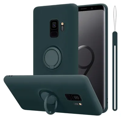 Multiple views of a dark green phone case with a ring holder.