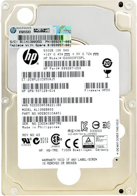 A close-up of a hard drive with a label showing product information.