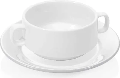 A white ceramic soup mug with handles and a matching saucer, presented on a white background.