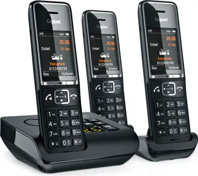 Three Gigaset cordless phones are displayed on a black charging base against a white background.