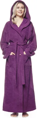 Produktbild von Bademantel Pandora für Damen mit Kapuze, extra lang, 100% Baumwolle, Farbe:Pflaume, Größe:M