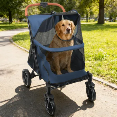 Image de Poussette pour chien 2 en 1, pliable, grande, pour jogging, poussette pour chat avec fenêtres en filet et poignée, bleue