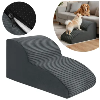 Produktbild von Domarex DOGGURU Gray Hundetreppe 2 Stufen 30 cm – Rutschfeste Haustier Rampe für kleine Hunde & Katzen – Waschbarer Bezug – Stabil & Komfortabel