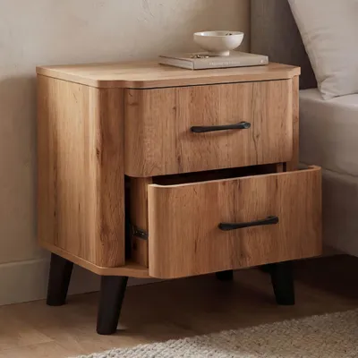 Zdjęcie produktu dla Nocny stolik HWC-P42, szafka nocna, komoda nocna, 2 szuflady, MDF, 50x48x40 cm, wygląd imitujący dąb Wotan