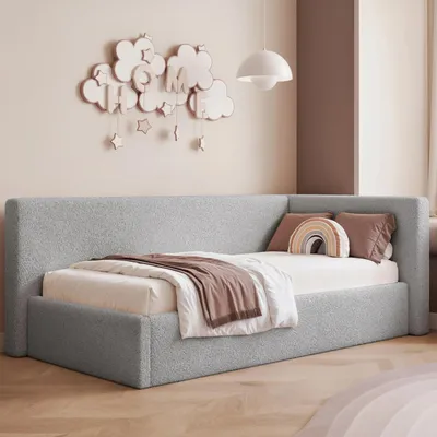 Obrázek produktu pro Postel pro mládež Eckbett Sampre, 120x200 cm, šedá, pravá strana, s plyšovým potahem – obsahuje úložný prostor a kovový rošt