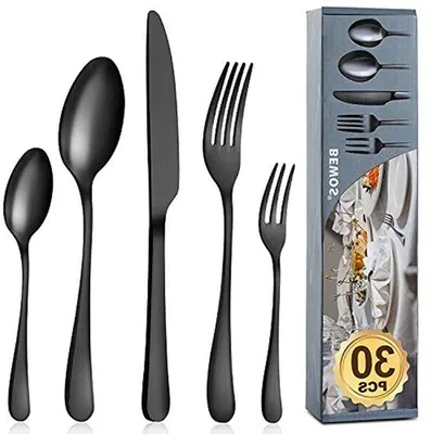 Produktbild von Besteckset, 30-teilig – Servierset für Tafelbesteck – Für den täglichen Gebrauch – Edelstahl – 6 Personen – Schwarz, matt