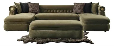 Zdjęcie produktu dla Duży zestaw do salonu: zielona sofa narożna w kształcie litery U oraz miękki puf