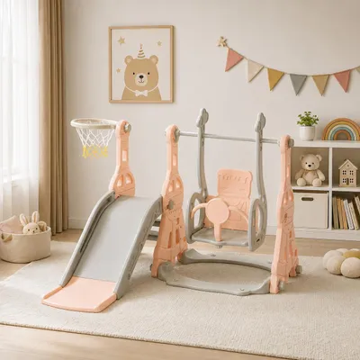 Productafbeelding van INONEFT Schommel en glijbaan voor kinderen, 4-in-1. Binnenglijbaan met basketstandaard, klimladder, geschikt voor kinderen van 1-5 jaar, voor binnen- en buitengebruik, roze, AI-gegenereerde afbeelding