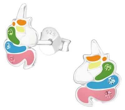 Produktbild von Kinder-Ohrringe: 925 Silber Ohrstecker für Mädchen und Jungen Einhorn mit Kristallen | 7 mm x 10 mm