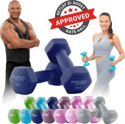 Produktbild von Miweba Sports Profi Neopren Hantel NKH100 | Hantelset - Kurzhanteln - Hexagon - Home Workout - Krafttraining - Anti Rutsch (Königsblau 2x 3,0 Kg)