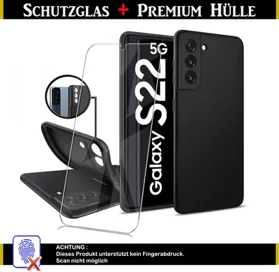 Produktbild von Für Samsung Galaxy S22 5G Silikon Schwarz Kamera Schutz Hülle + Panzerglas Echt Glas Display Schutzglas