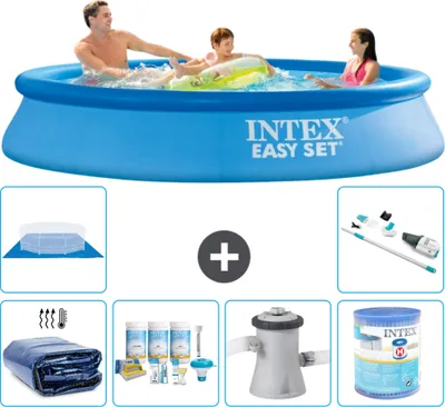 Produktbild von Intex runder aufblasbarer Easy Set-Pool – 305 x 61 cm – Blau – im Lieferumfang enthalten Sonnensegel - Wartungspaket - Filterpumpe für Schwimmbad - Filter - Bodenplane - Staubsauger