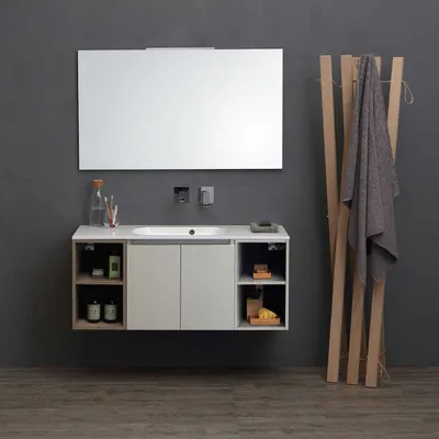 Produktbild von 120cm Badmöbelset in Perlgrau und Holzoptik | Valentina