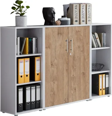 Produktbild von Aktenschrank TABOR 2 in lichtgrau / Gold Harbor Oak, Schrankwand, Büroschrank, abschließbar, Metallgriffe