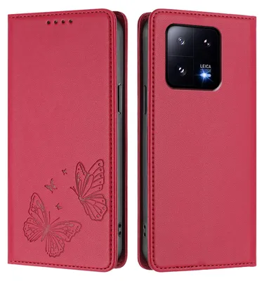 Produktbild von Lederhülle für Xiaomi 13 Pro, Schmetterling Prägung Leder Brieftasche Schutzhülle mit Ständer Rot