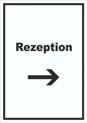 Produktbild von Rezeption Schild mit Text und Richtungspfeil rechts Anmeldung Eingang hochkant A5 (148x210mm)
