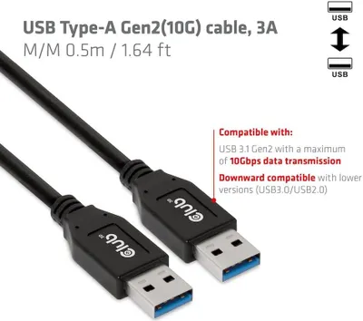 Obrázok produktu pre CLUB3D CAC-1409, 0,5 m, USB A, USB A, USB 3.2 Gen 2 (3.1 Gen 2), 10 Gbit/s, Čierna
