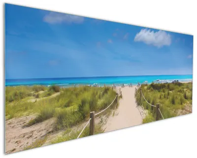 Produktbild von Wallario Küchenrückwand aus Glas, Größe: 125 x 50 cm, Motiv: Sandweg zum blauen Meer mit blauem Himmel | Spritzschutz | abwischbar | pflegeleicht | in