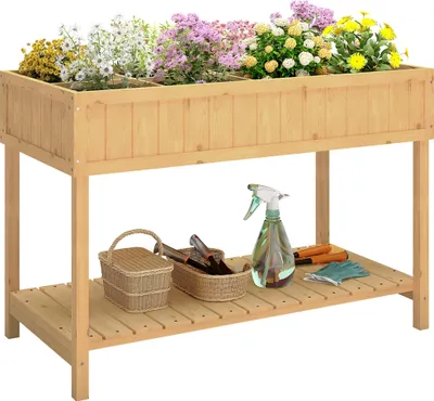 Obrázok produktu pre Vysoký záhon Outsunny s 8 priehradkami, stôl na pestovanie, kvetinový box, odkladacia plocha z jedľového dreva + odtok