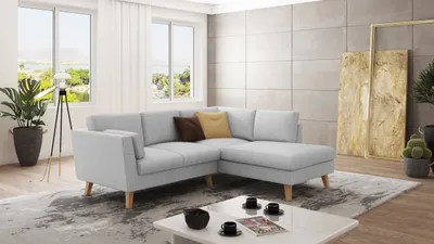 Produktbild von S-STYLE MÖBEL - Ecksofa mit Holzfüßen im skandinavischen Stil Elma aus Silber Luxusmicrofaser - Ottomane rechts, B/T/H: 221 cm/ 186 cm/ 90 cm
