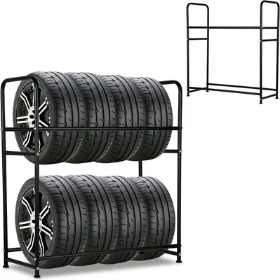 Productafbeelding van Jiubiaz stalen bandenrek, dubbellaags, geschikt voor 8 banden, zwart, gepoedercoat. Werkplaatsrek, bandenrek, afmetingen 107x46x117 cm