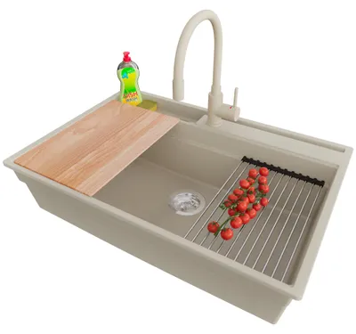 Produktbild von PRIMAGRAN Granitspüle Beige 78x53cm, Spülbecken 1 Becken + Ablauf-Set + Küchenzubehörset, Küchenspüle ab 80er Unterschrank - Oslo Pocket