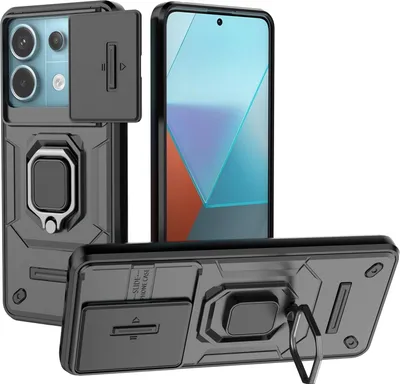 Obrázek produktu pro Pouzdro pro Xiaomi Redmi Note 13 Pro 5G dvouvrstvé pouzdro s posuvnou ochranou kamery a držákem prstenu, stojánek černé