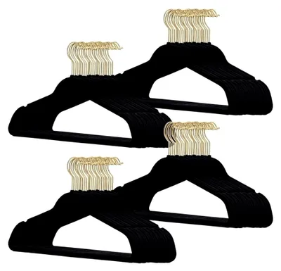 Produktbild von 200 Stück hochwertige Samt Kleiderbügel in der Farbe Schwarz mit Gold Look Haken/Anti-Rutsch/von StickandShine