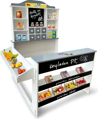 Produktbild von Kaufladen Pit Kinder Kaufmannsladen aus Holz, Verkaufsstand, Theke, Tafel, Seitentheke, Schublade Marktstand als tolles Geschenk LxTxH: ca. 96 x 93 x 120 cm Farbe: Grau